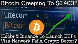 Crypto News | Bitcoin Creeping To $8,400? Huobi & Binance To Launch ETFs. Visa Fails, Crypto Better?